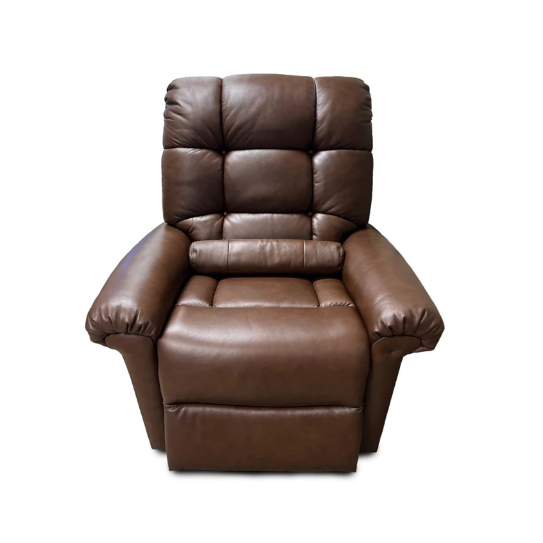 Relax in the Journey Perfect Sleep Reclining Lift Chair with Heat, a brown leather recliner featuring a cushioned seat, elegant stitching, lumbar support pillow, wide padded armrests, and massage features for ultimate comfort.